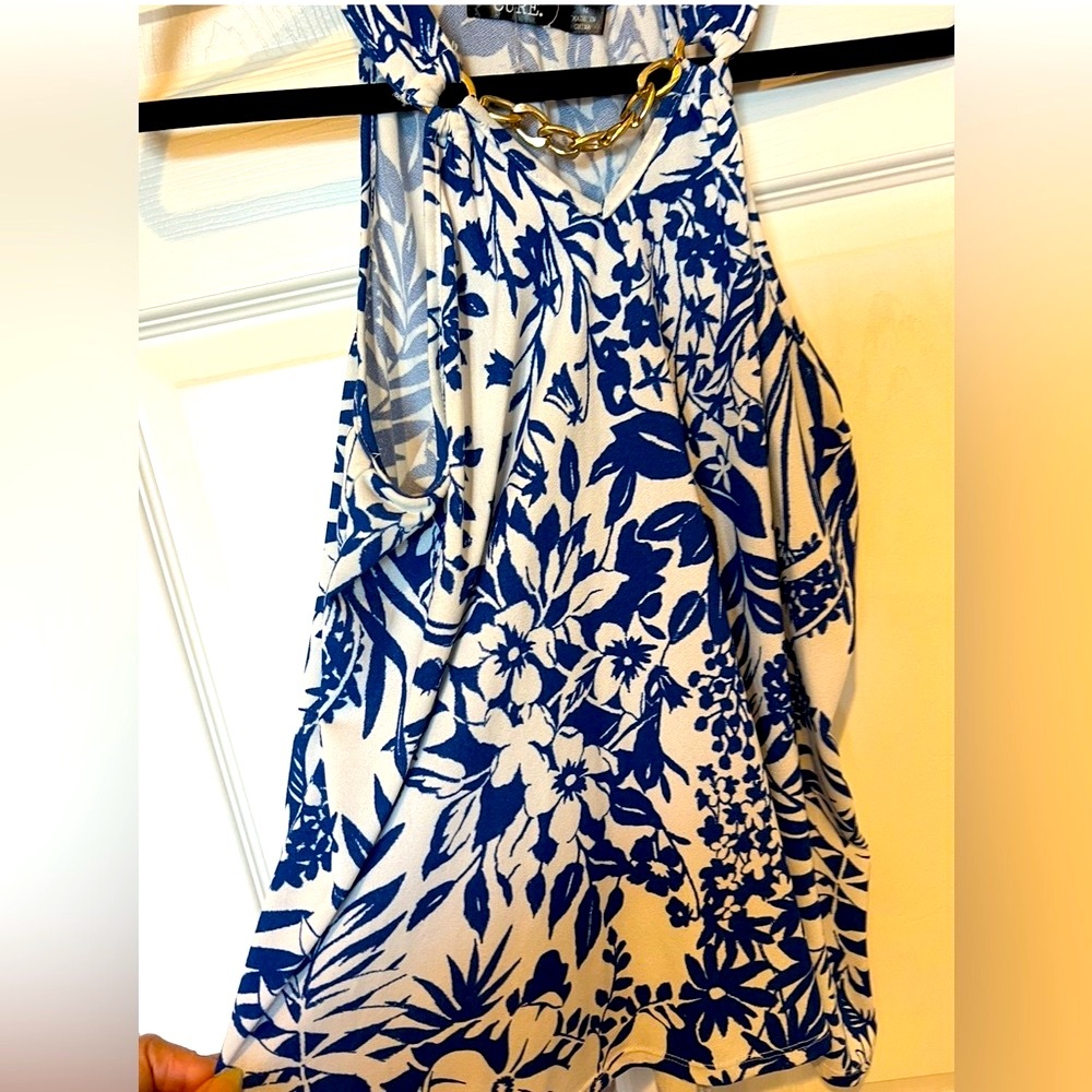 Blue and white Floral top with Gold Chain on halter style neckline